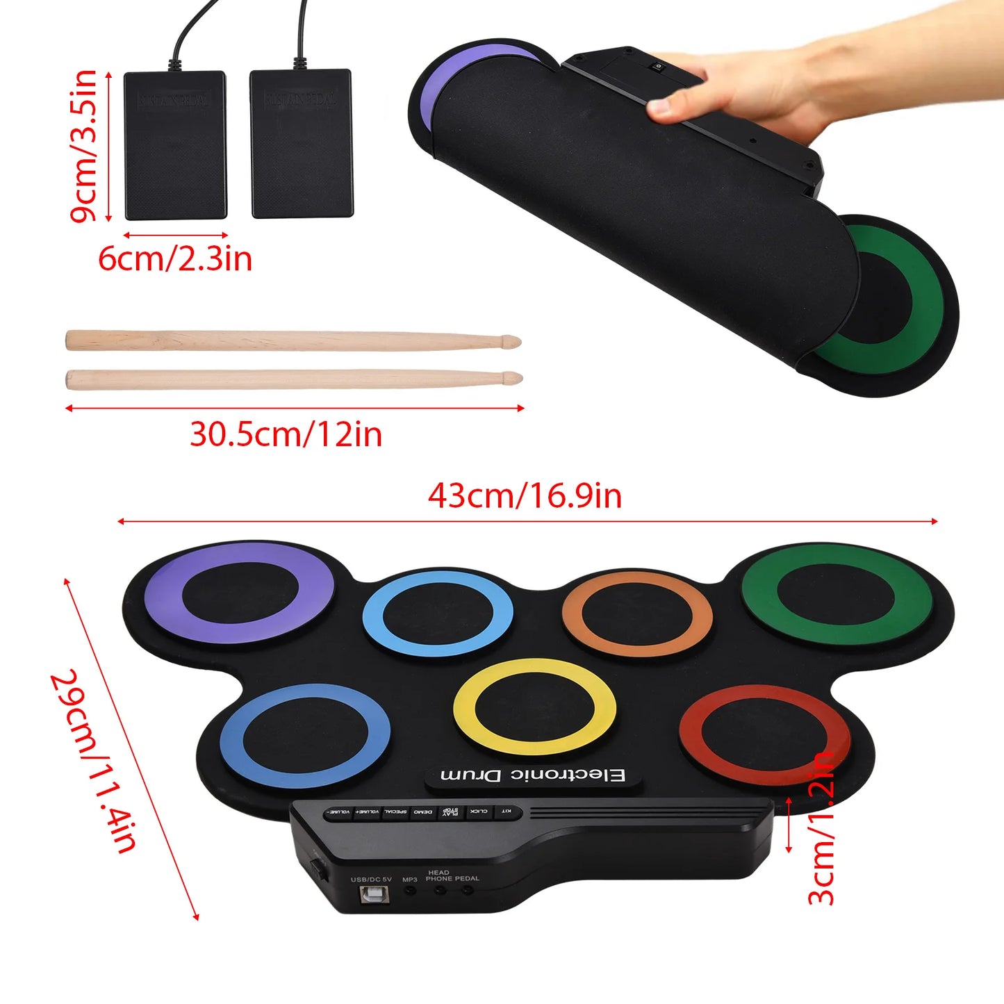 Electric Drum Set Portable Drum Pad Kit 7 Pads with Headphone Jack Pedal Drumstick Practice Pad Drum Kit No Speaker for Beginner