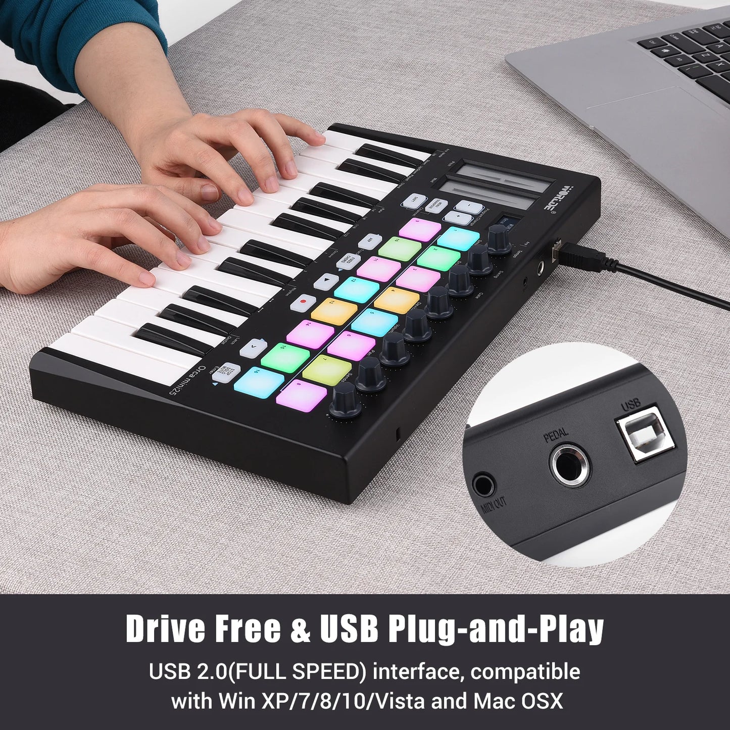 WORLDE Panda mini 25-Key USB MIDI Keyboard Controller USB MIDI Controller Keyboard Piano & 8 RGB Backlit Trigger Pads Music