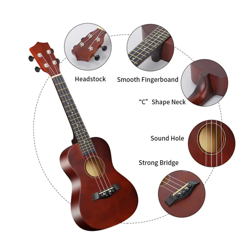 23-inch Ukulele Acoustic Ukulele Kit with Bag Strings Strap Bridge Needle Capo Pick Tuner All Basswood for Students Beginner