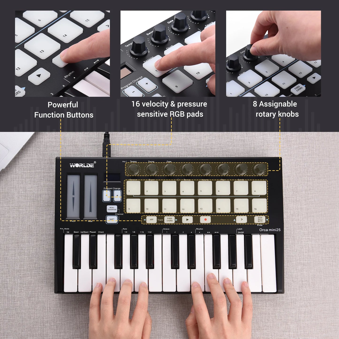 WORLDE Panda mini 25-Key USB MIDI Keyboard Controller USB MIDI Controller Keyboard Piano & 8 RGB Backlit Trigger Pads Music