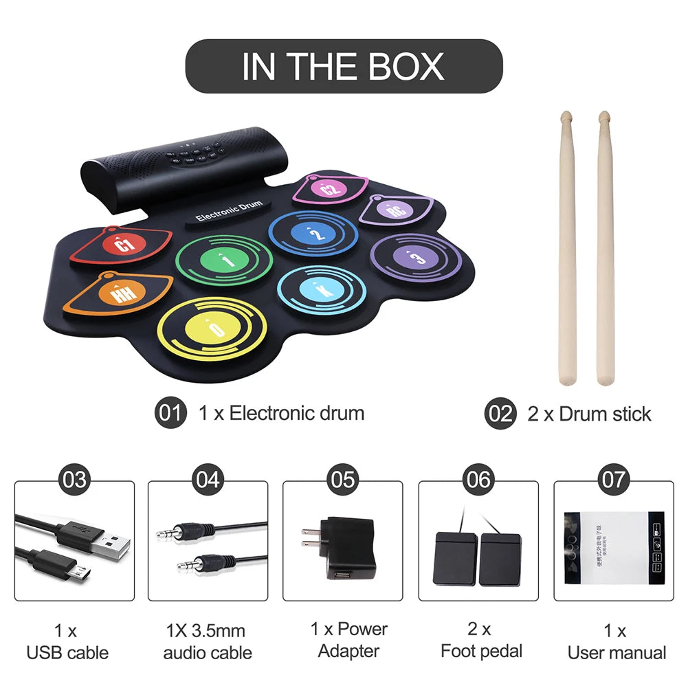 9 Pads Roll Up Drum Kit Built-in Speaker Electronic Roll Up Drum Pad Set with Drumsticks Sustain Pedal for Kids Beginners