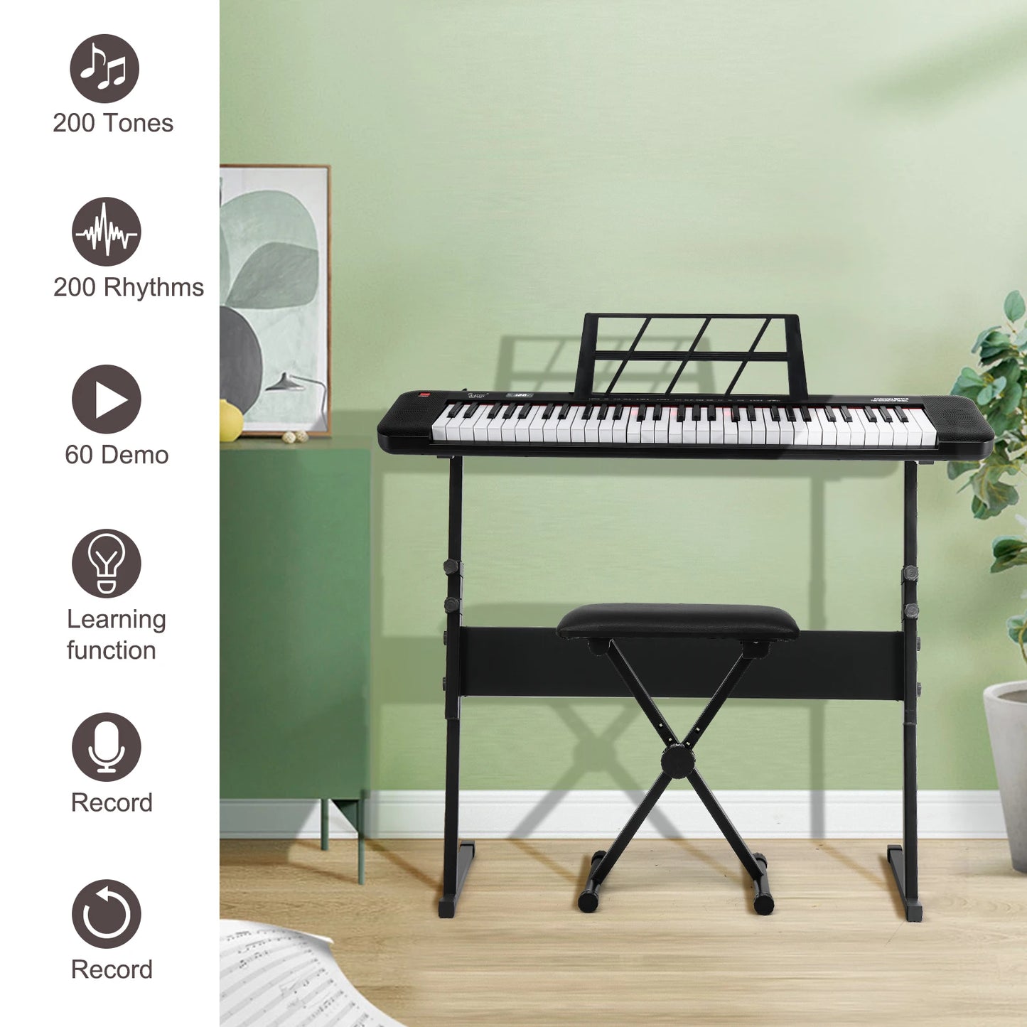 Glarry GEP-109 61 Key Lighting Keyboard with Piano Stand, Piano Bench, Built In Speakers, Headphone, Microphone, Music Rest, LED