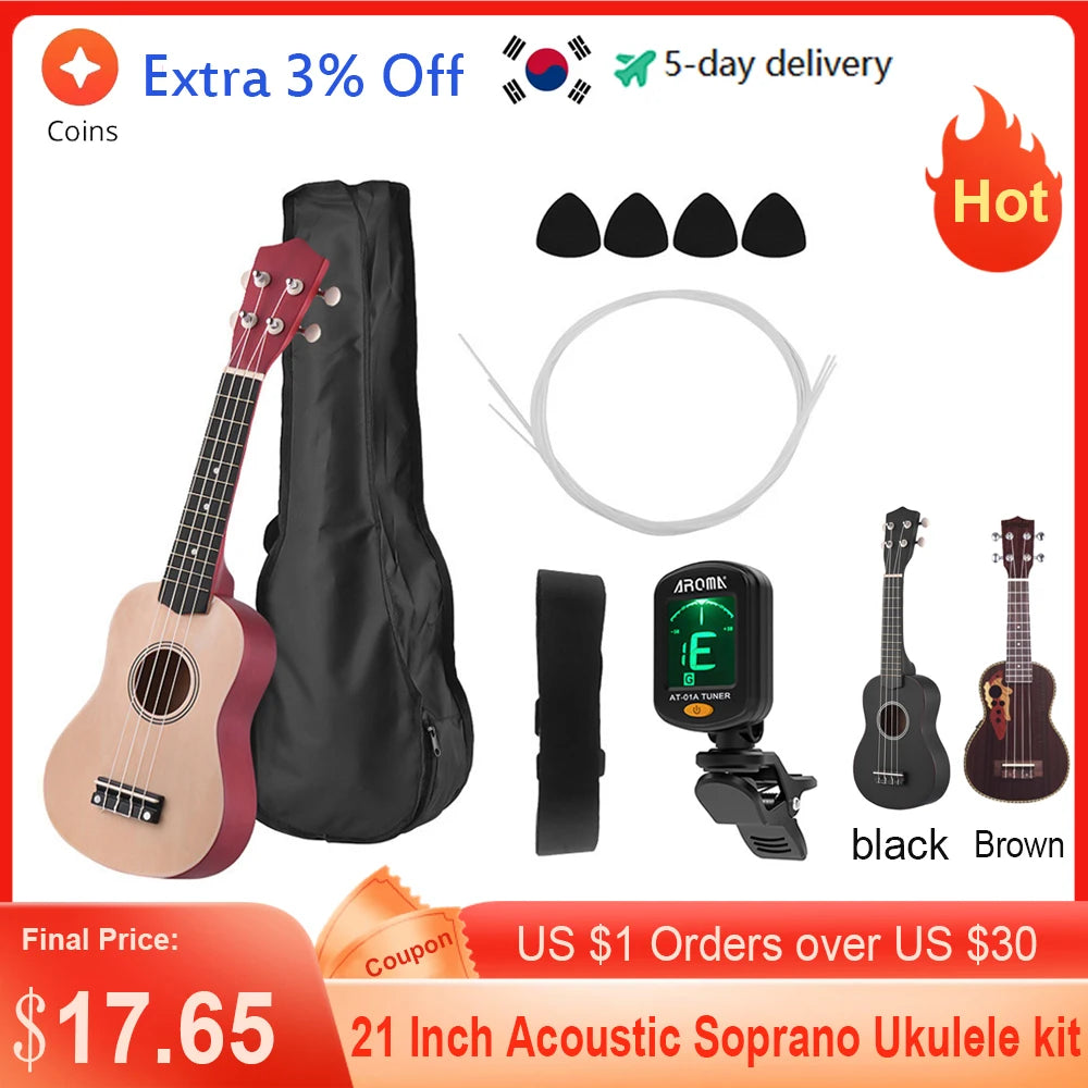 21 Inch Ukulele Colored Acoustic Soprano Ukelele Kit Basswood with Carry Bag Uke Strap 4-Strings Picks Tuner Ukulele Accessories