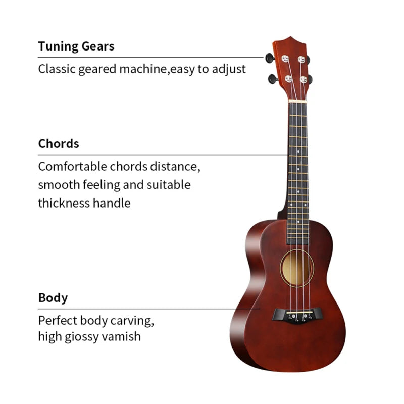 23-inch Ukulele Acoustic Ukulele Kit with Bag Strings Strap Bridge Needle Capo Pick Tuner All Basswood for Students Beginner